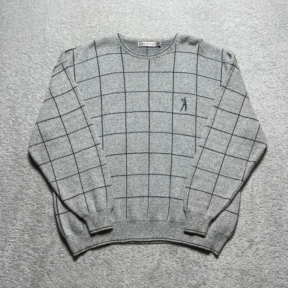 VTG 90s Shenandoah Sweater XXL Grey Grid Windowpane‎ Golf Grandpa Cotton Blend